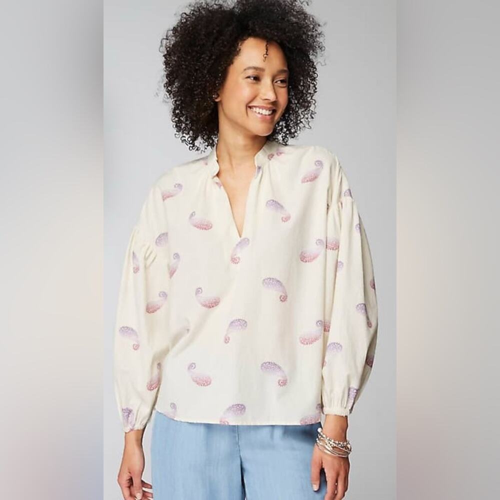 J. Jill Paisley Oversized Split-Neck Top Size XL Boho Puffed Sleeve Feminine